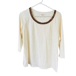 Coldwater Creek Beige Sequin Scoop Neck  3/4 Sleeve Woman Top Blouse Plus Sz 1X
